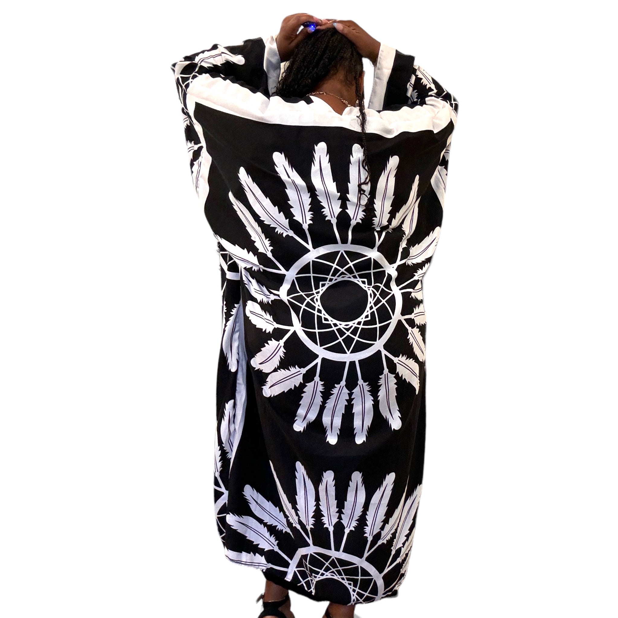 Womens Boho Chic Black Feathered Kimono