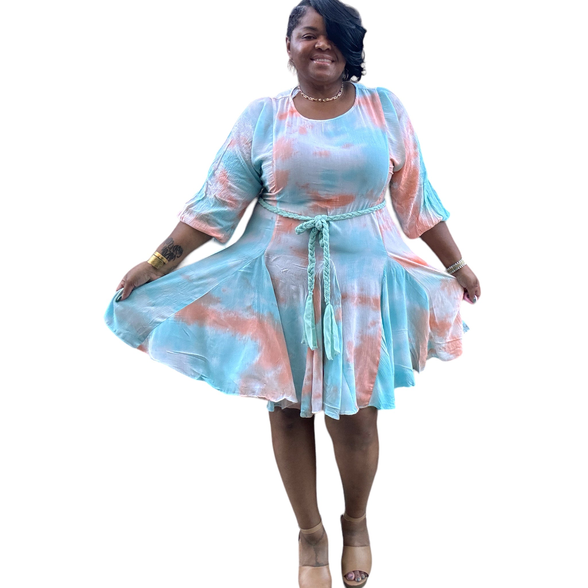 Womens Plus Size Chic Tie Dye Woven Mini Dress