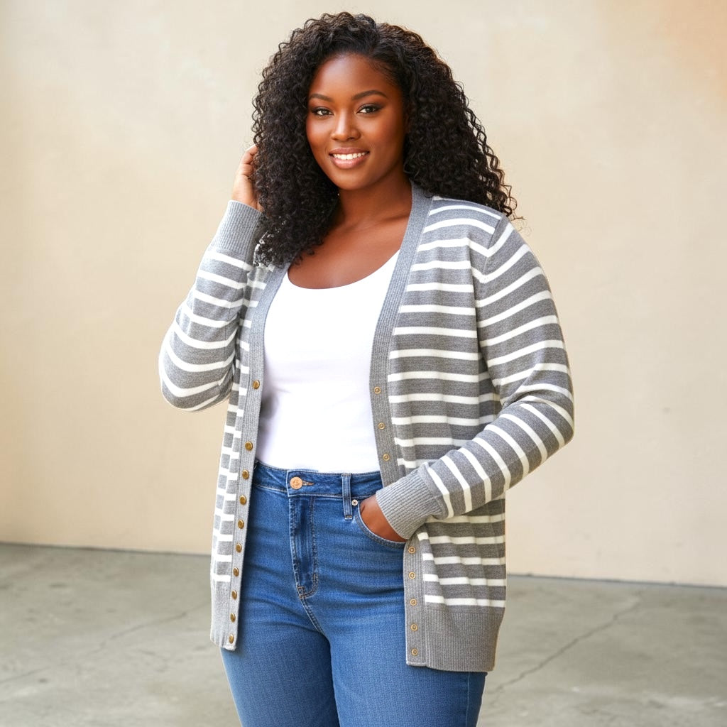 Striped Grey Sweater Snap Button Cardigan