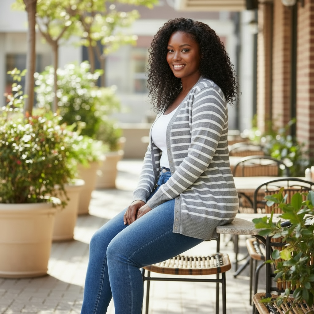 Striped Grey Sweater Snap Button Cardigan