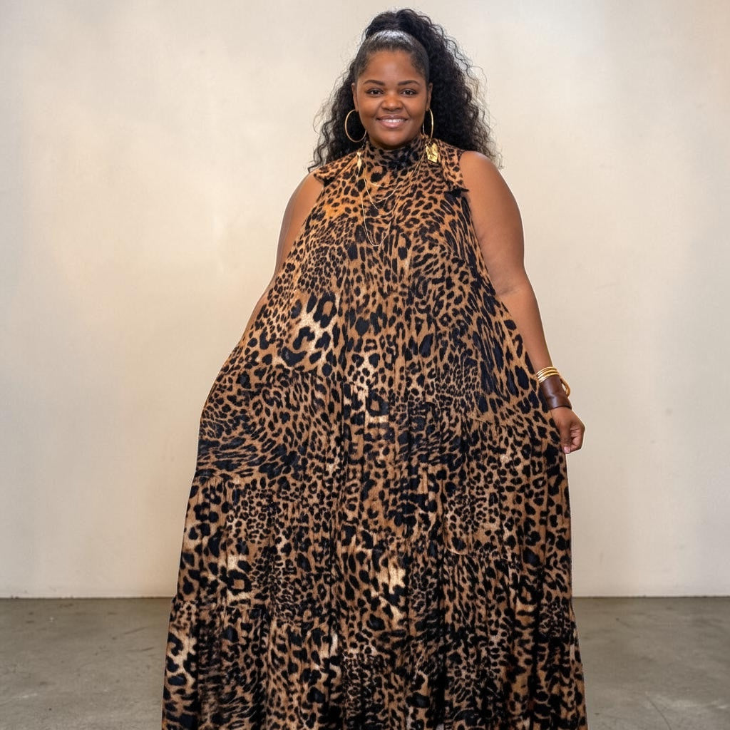Plus Animal Printed Halter Neck Maxi Dress