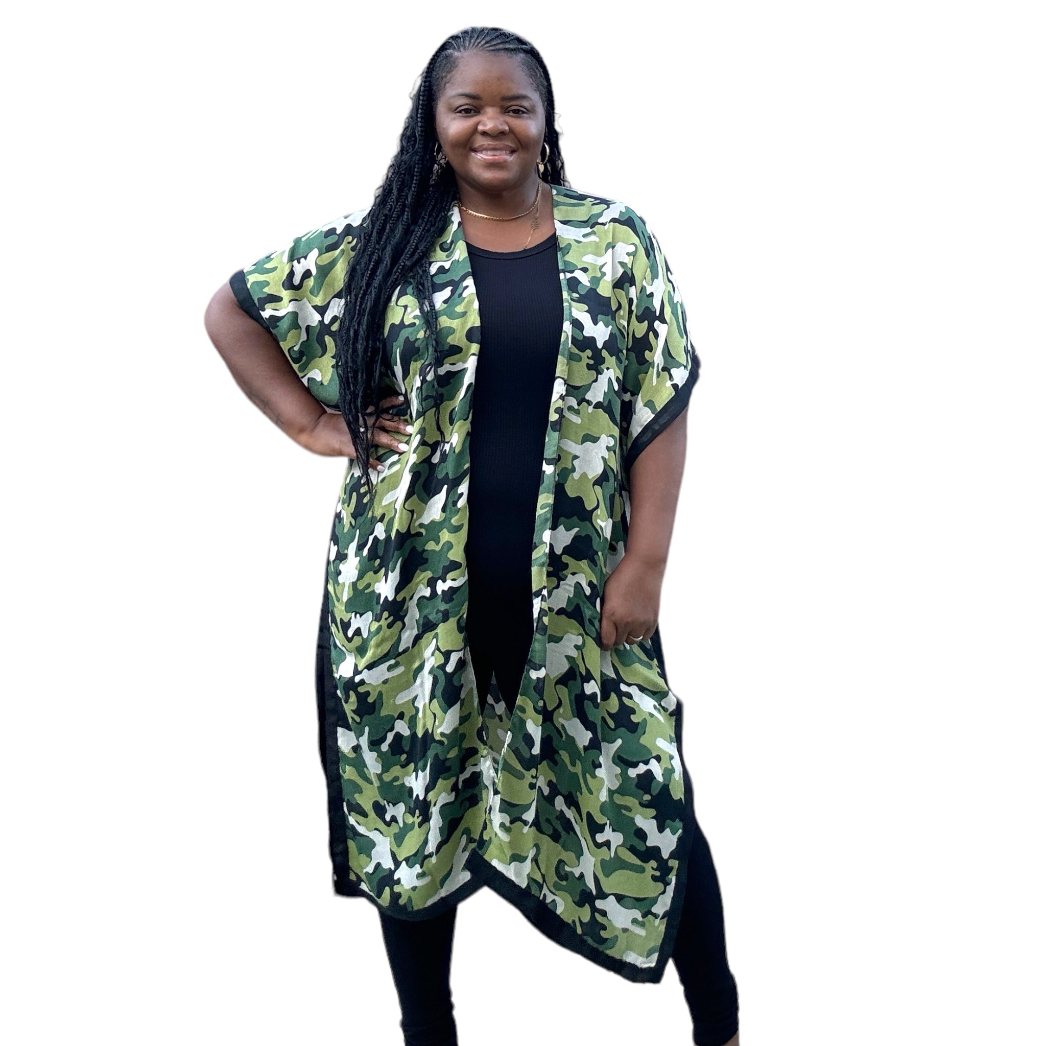 Women's One Size Long Open Front Camouflage Print Kimono