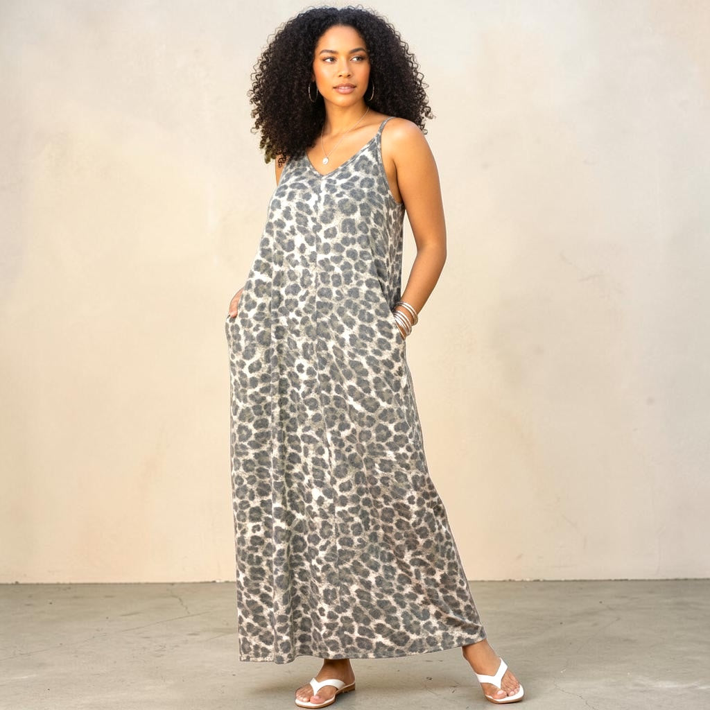 Women's Plus Size Leopard Print Adjustable Strap Maxi Dress