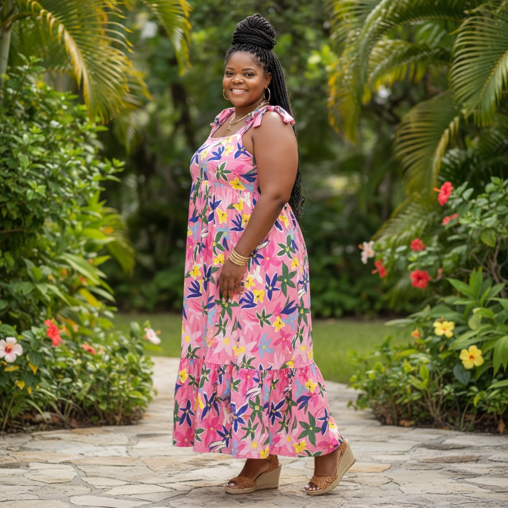 Pink Plus Size Floral Print Babydoll Maxi Dress