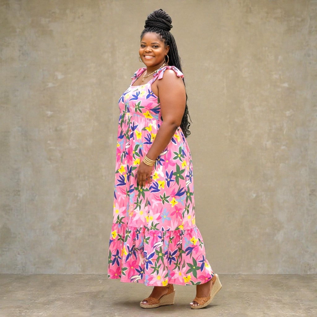 Pink Plus Size Floral Print Babydoll Maxi Dress