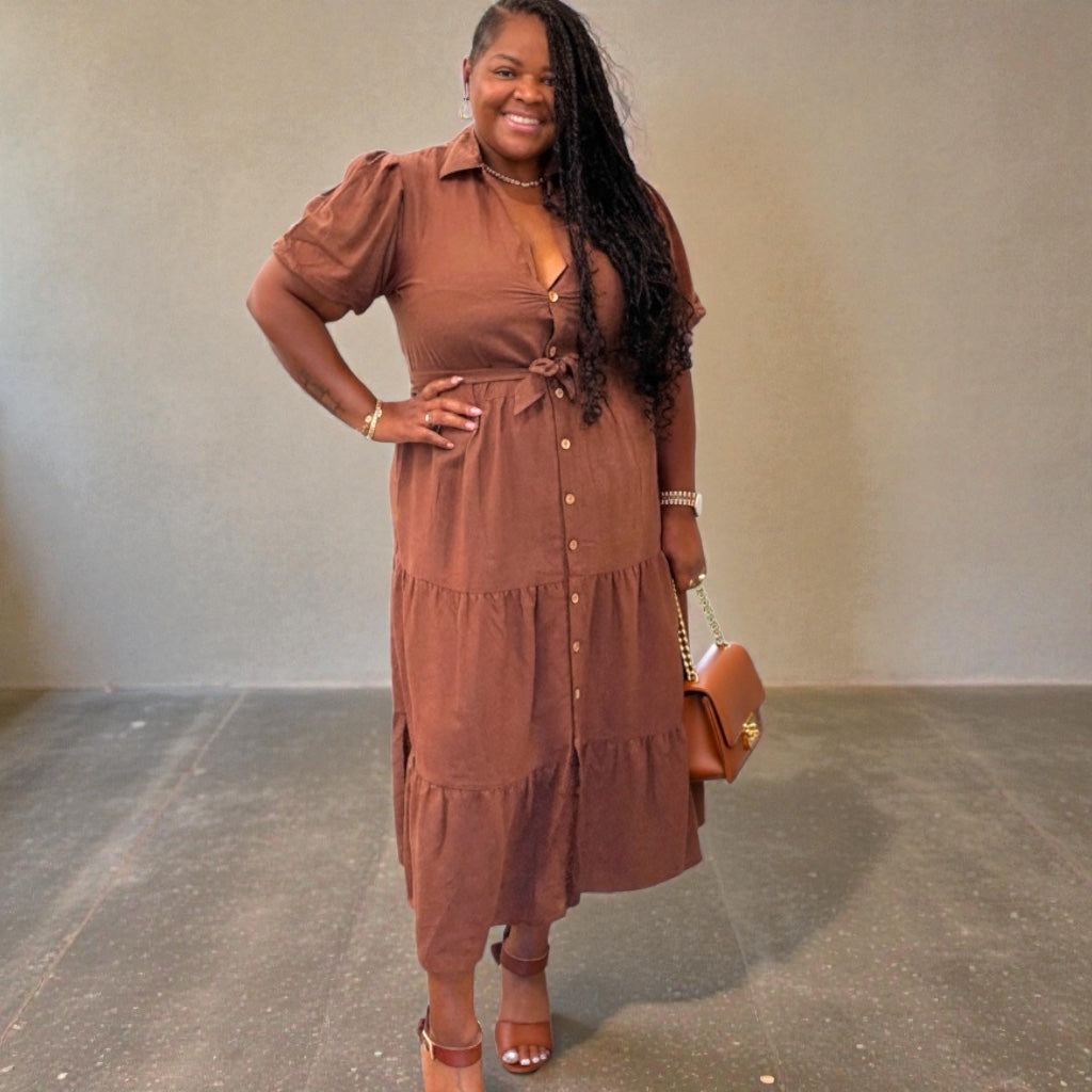 Linen Plus Size Brown Button Down Maxi Dress