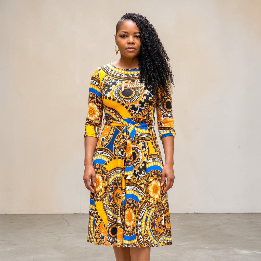 Women's Medallion Print Plus Size Belted Midi Dress