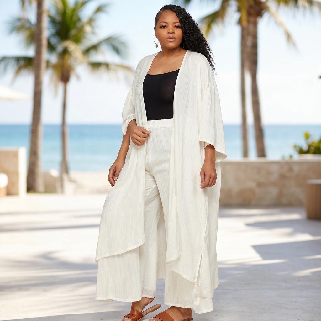 Women's Plus Size Off White Kimono Cardigan Set