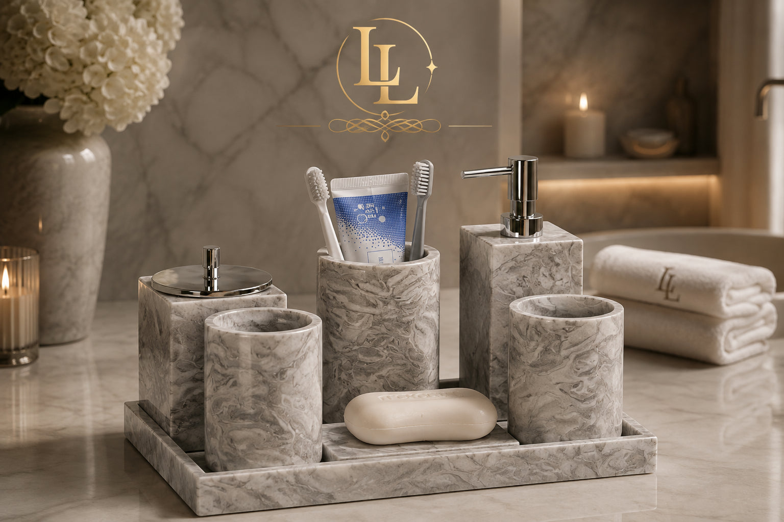 Marble Texture Ceramic Mouthwash Cup Bathroom Set