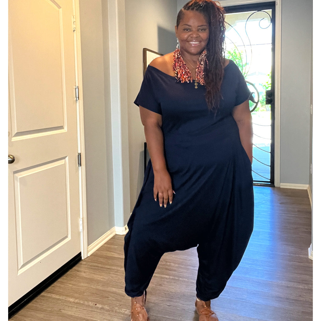 Women'S Plus Navy Off the Shoulder Harem Jumpsuit